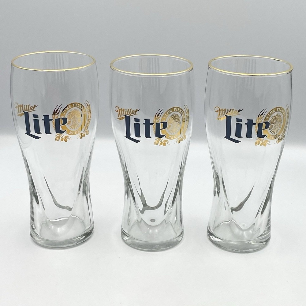 Vintage 1980s Miller Lite Beer Gold Rim Pilsner Glasses Set of 3 Etched 6.75"